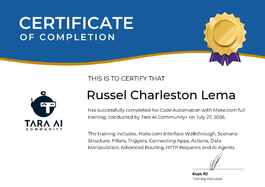 Make.com certificate of completion for Russel Charleston Lema