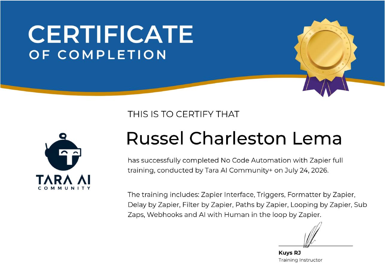 Zapier certificate of completion for Russel Charleston Lema
