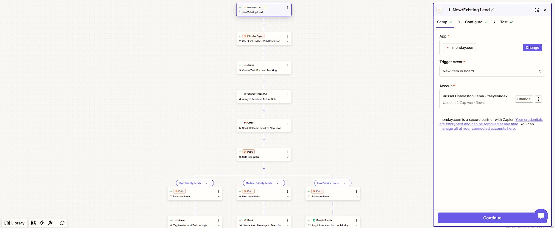 Zapier Zap starting from a new or existing Monday.com lead, filtering, creating an Asana task, analyzing with ChatGPT, sending a welcome email and splitting into high, medium and low priority paths