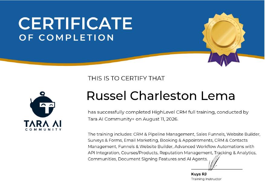 GoHighLevel certificate of completion for Russel Charleston Lema