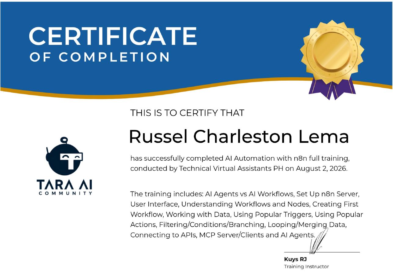 n8n certificate of completion for Russel Charleston Lema